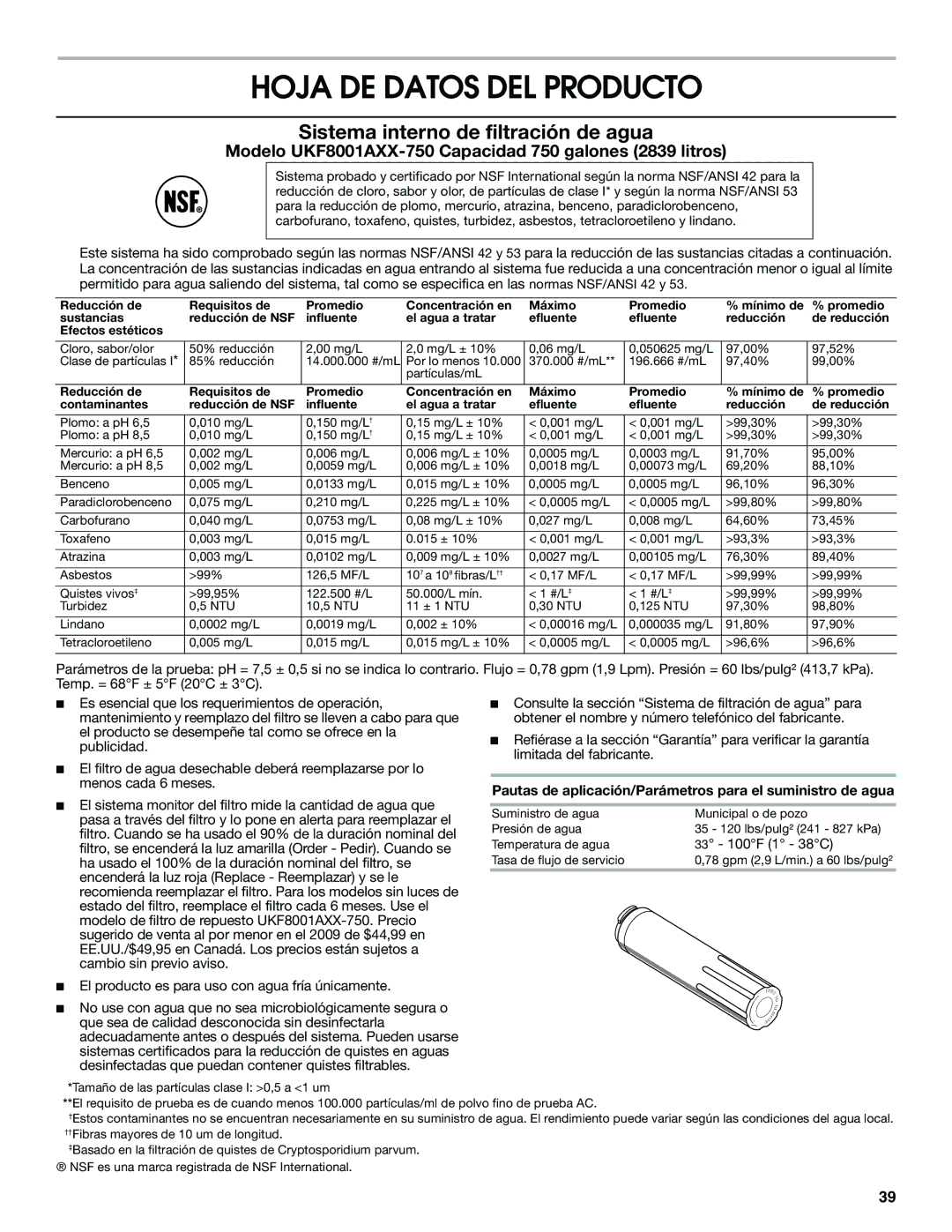 Jenn-Air JFC2089WEM Hoja DE Datos DEL Producto, Pautas de aplicación/Parámetros para el suministro de agua 