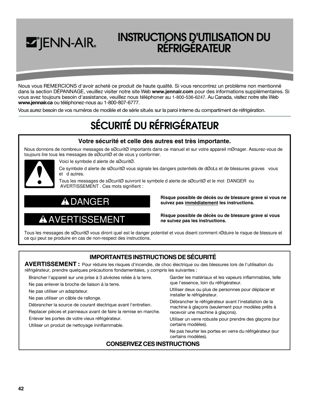 Jenn-Air JFC2089WEM installation instructions Instructions Dutilisation DU Réfrigérateur, Sécurité DU Réfrigérateur 