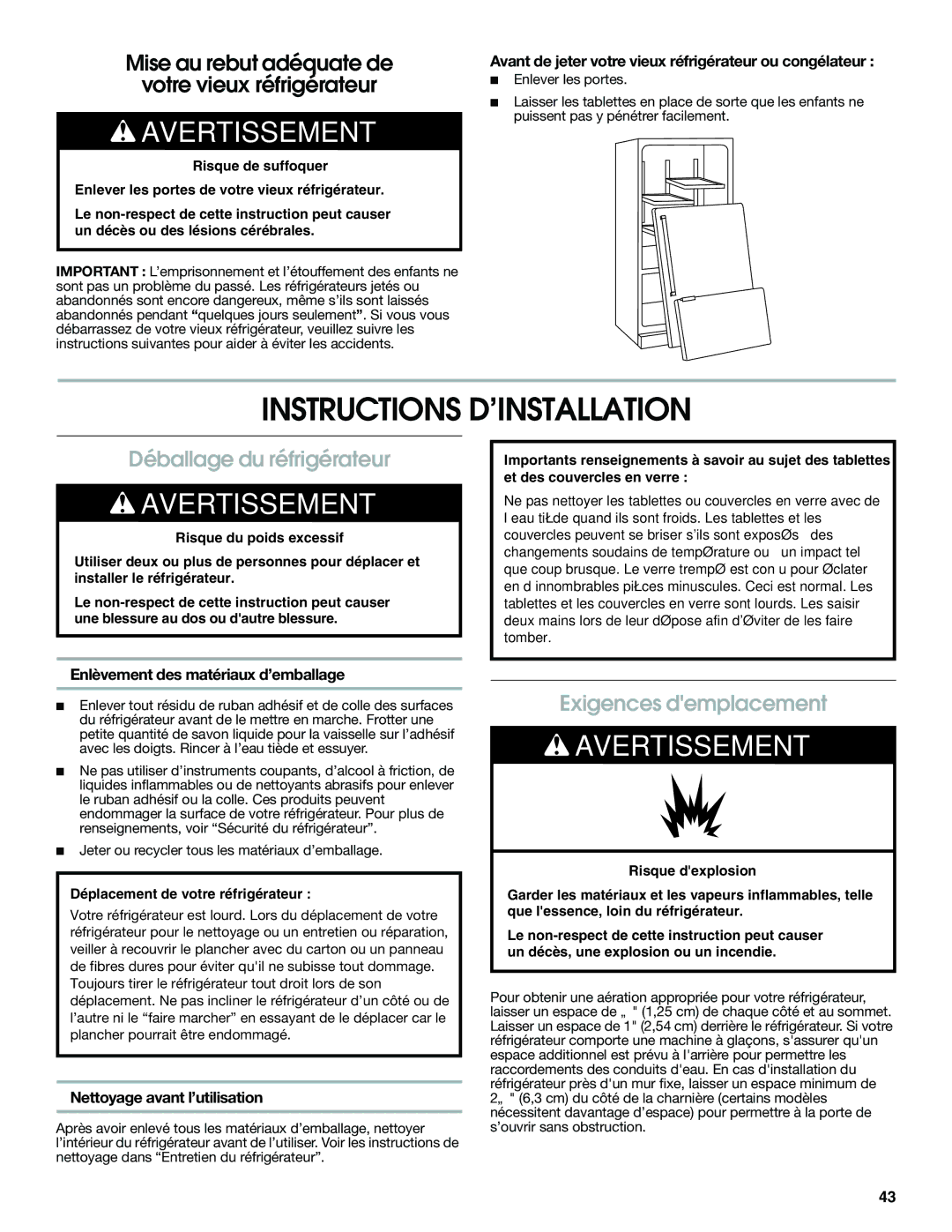 Jenn-Air JFC2089WEM Instructions D’INSTALLATION, Déballage du réfrigérateur, Exigences demplacement 