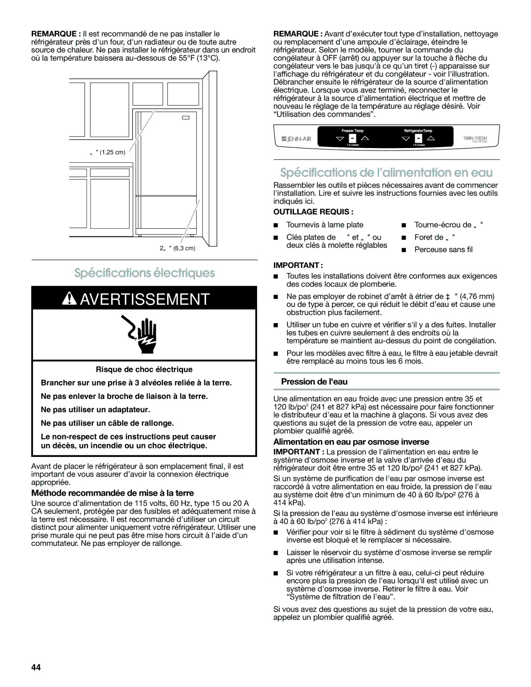 Jenn-Air JFC2089WEM Spécifications électriques, Spécifications de l’alimentation en eau, Pression de leau 