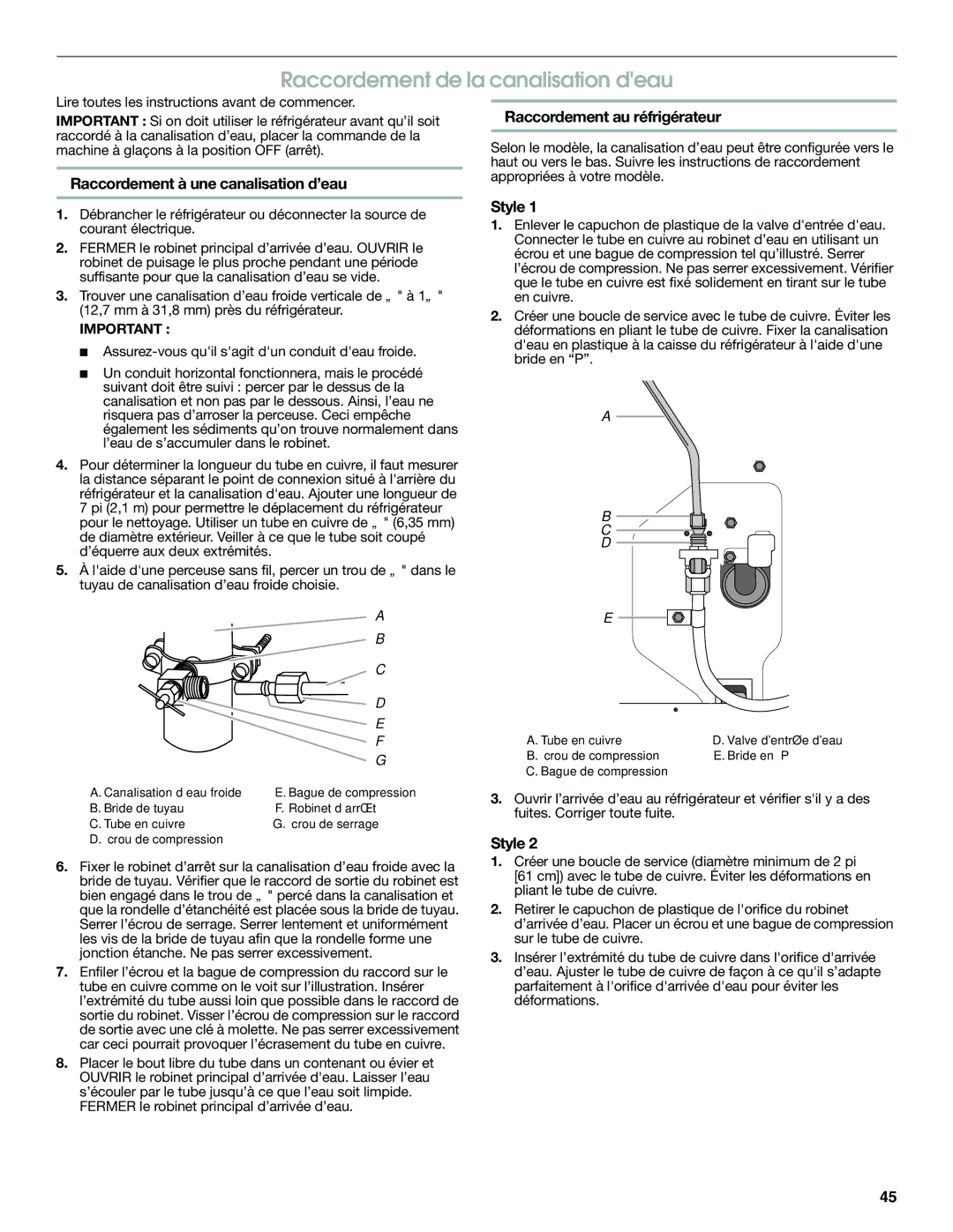 Jenn-Air JFC2089WEM installation instructions Raccordement de la canalisation deau, Raccordement à une canalisation d’eau 