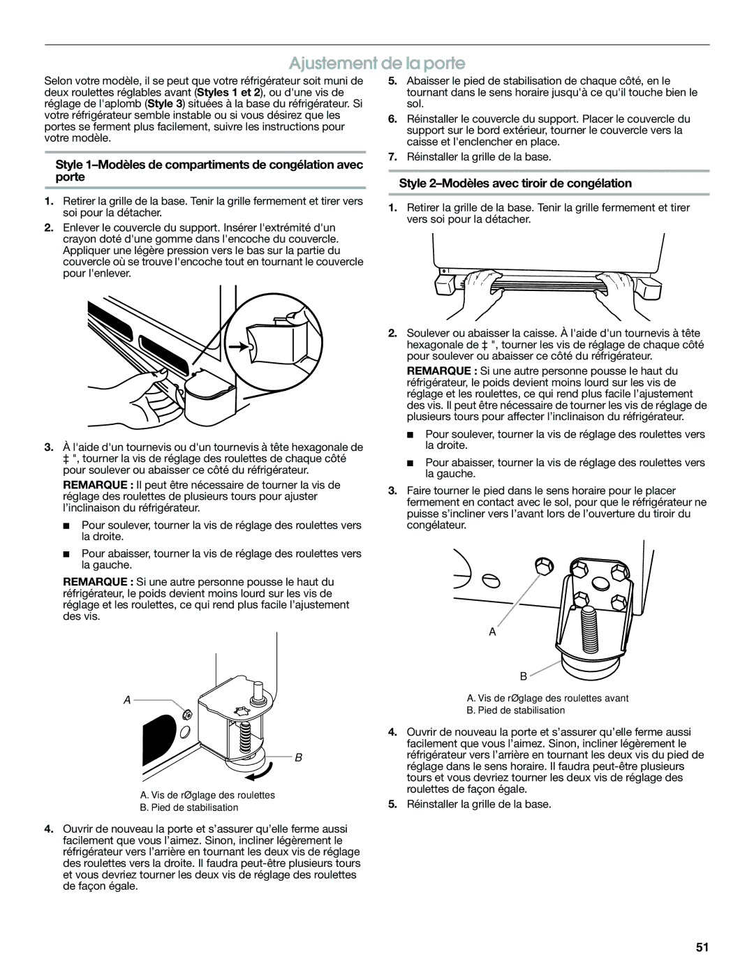 Jenn-Air JFC2089WEM Ajustement de la porte, Style 1-Modèles de compartiments de congélation avec porte 