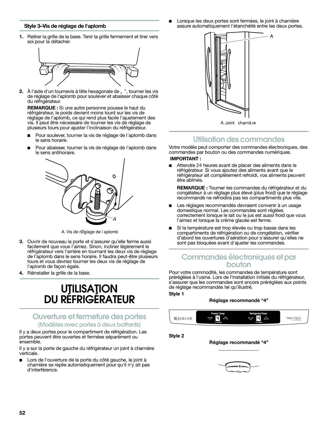 Jenn-Air JFC2089WEM Utilisation DU Réfrigérateur, Ouverture et fermeture des portes, Utilisation des commandes 