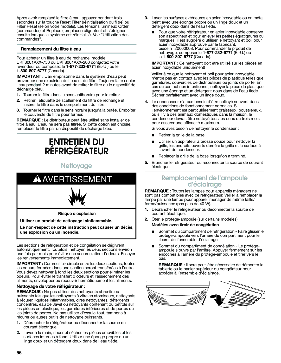 Jenn-Air JFC2089WEM installation instructions Entretien DU Réfrigérateur, Nettoyage, Remplacement de l’ampoule ’éclairage 