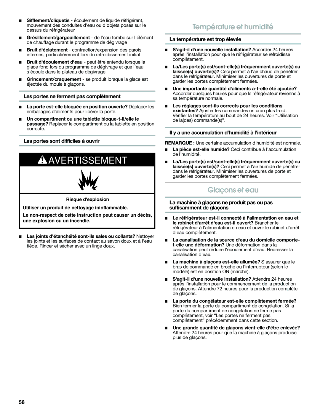 Jenn-Air JFC2089WEM installation instructions Température et humidité, Glaçons et eau 