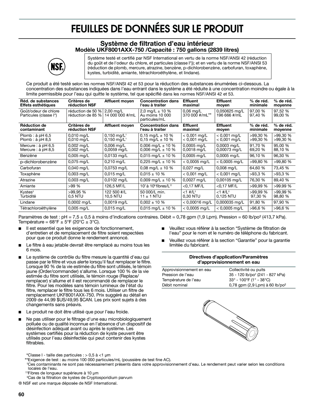 Jenn-Air JFC2089WEM installation instructions Feuilles DE Données SUR LE Produit, Système de filtration d’eau intérieur 