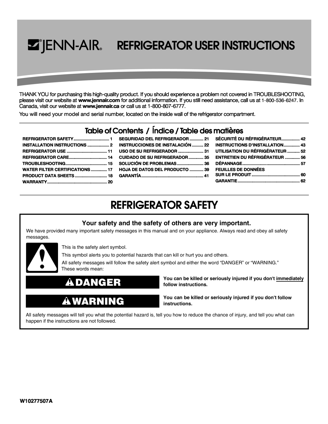 Jenn-Air JFC2089WEM installation instructions Refrigerator Safety, Danger, Table of Contents / Índice / Table des matières 