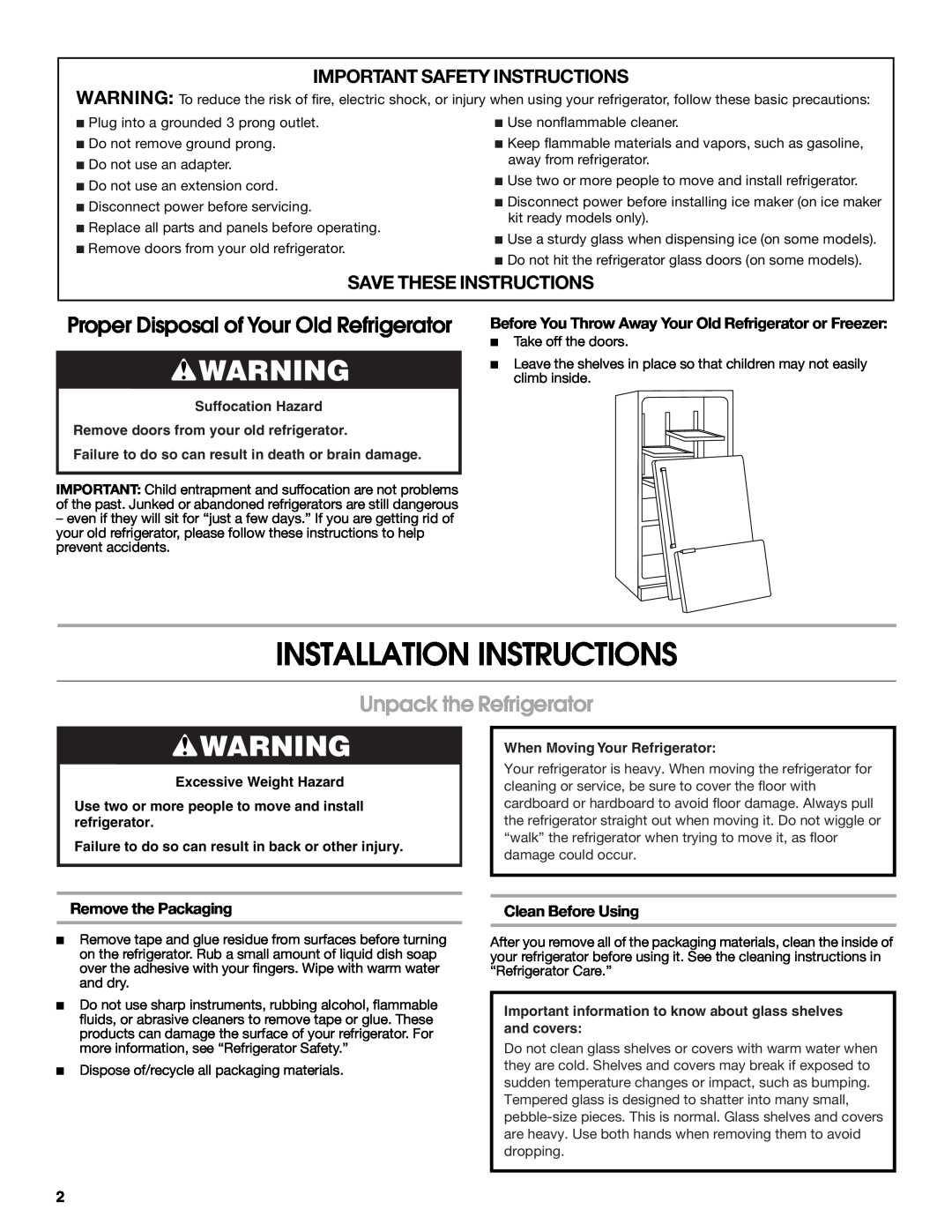 Jenn-Air JFC2089WEM Installation Instructions, Proper Disposal of Your Old Refrigerator, Unpack the Refrigerator 
