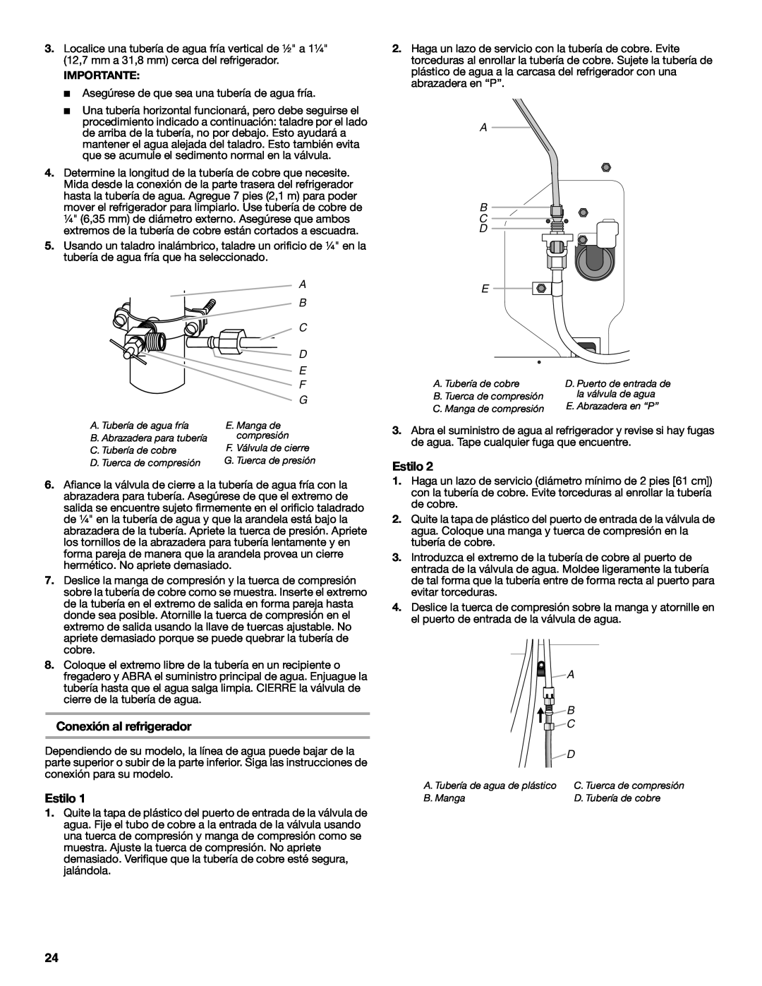 Jenn-Air JFC2089WEM installation instructions Conexión al refrigerador, Estilo, A B C D E 