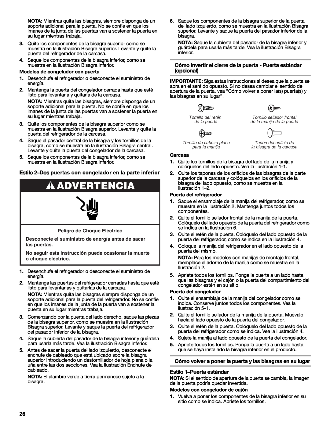 Jenn-Air JFC2089WEM installation instructions Advertencia, Estilo 1–Puertaestándar 