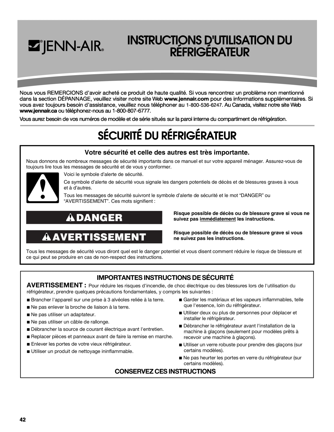 Jenn-Air JFC2089WEM Instructions Dutilisation Du Réfrigérateur, Sécurité Du Réfrigérateur, Danger Avertissement 