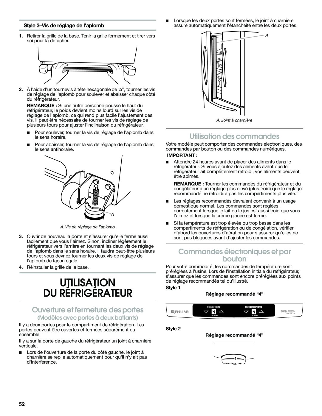 Jenn-Air JFC2089WEM Utilisation Du Réfrigérateur, Ouverture et fermeture des portes, Utilisation des commandes 