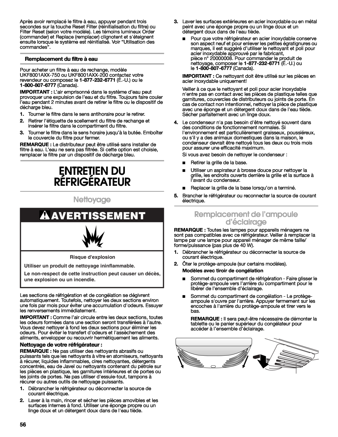 Jenn-Air JFC2089WEM Entretien Du Réfrigérateur, Nettoyage, Remplacement de l’ampoule d’éclairage, Avertissement 