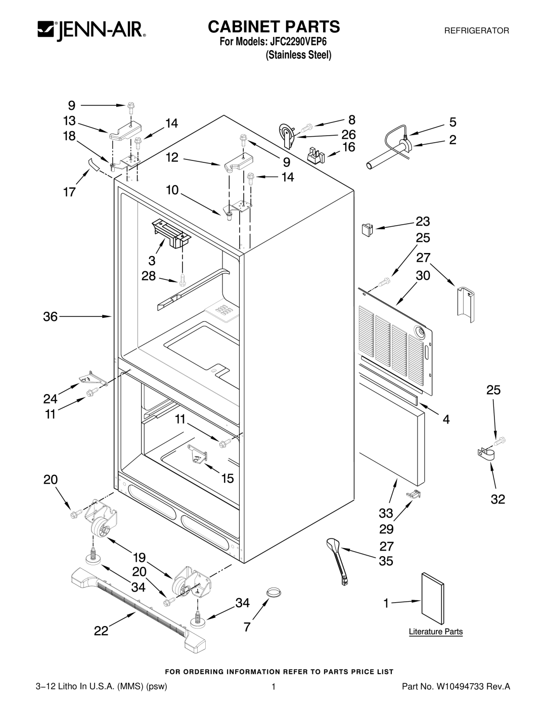 Jenn-Air JFC2290VEP6 manual Cabinet Parts 