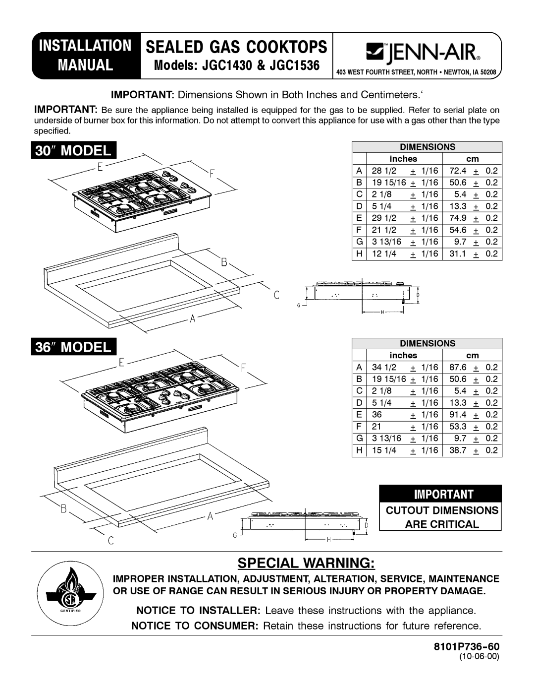 Jenn-Air JGC1430 & JGC1536 installation manual Cutout Dimensions Are Critical, 8101P736-60, Inches 