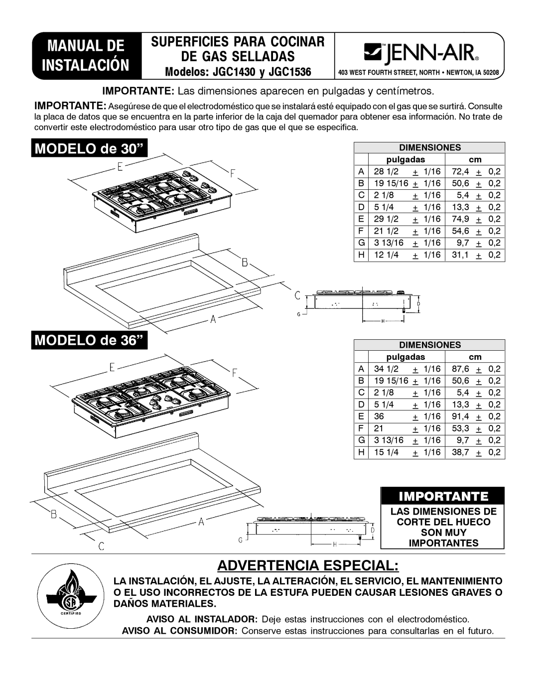 Jenn-Air JGC1430 & JGC1536 installation manual Dimensiones, Pulgadas 