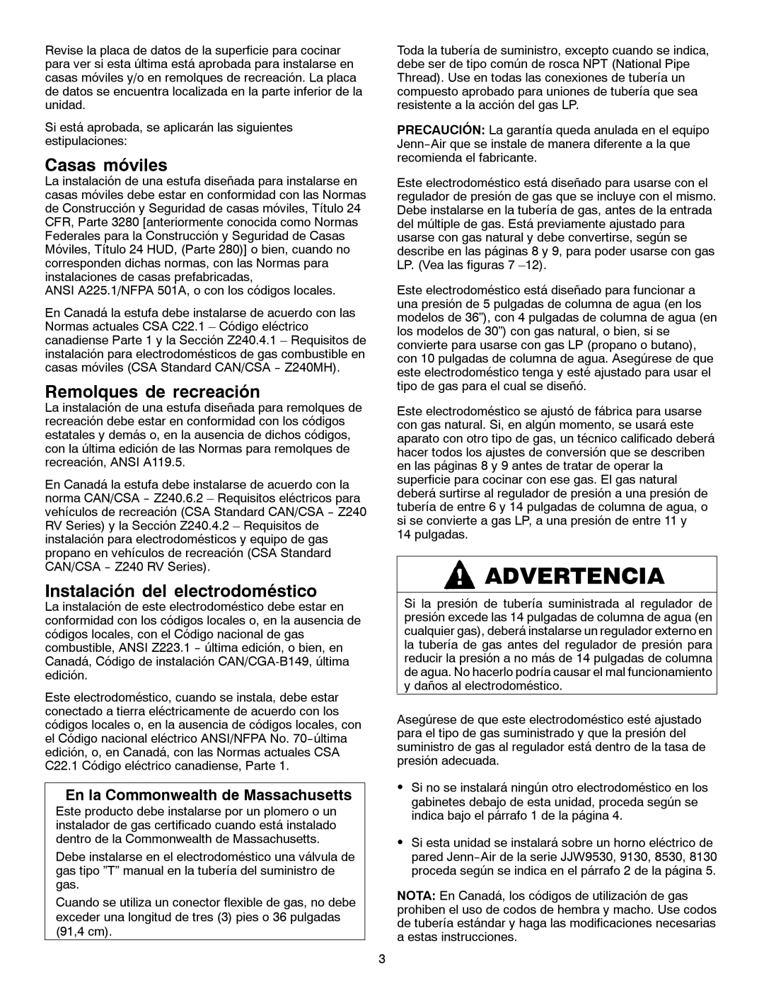 Jenn-Air JGC1430 & JGC1536 installation manual Casas móviles, Remolques de recreación, Instalación del electrodoméstico 