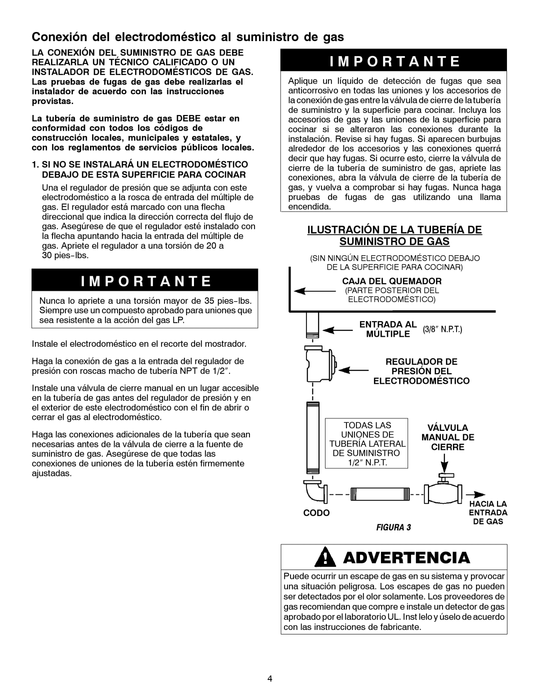 Jenn-Air JGC1430 & JGC1536 installation manual Conexión del electrodoméstico al suministro de gas 