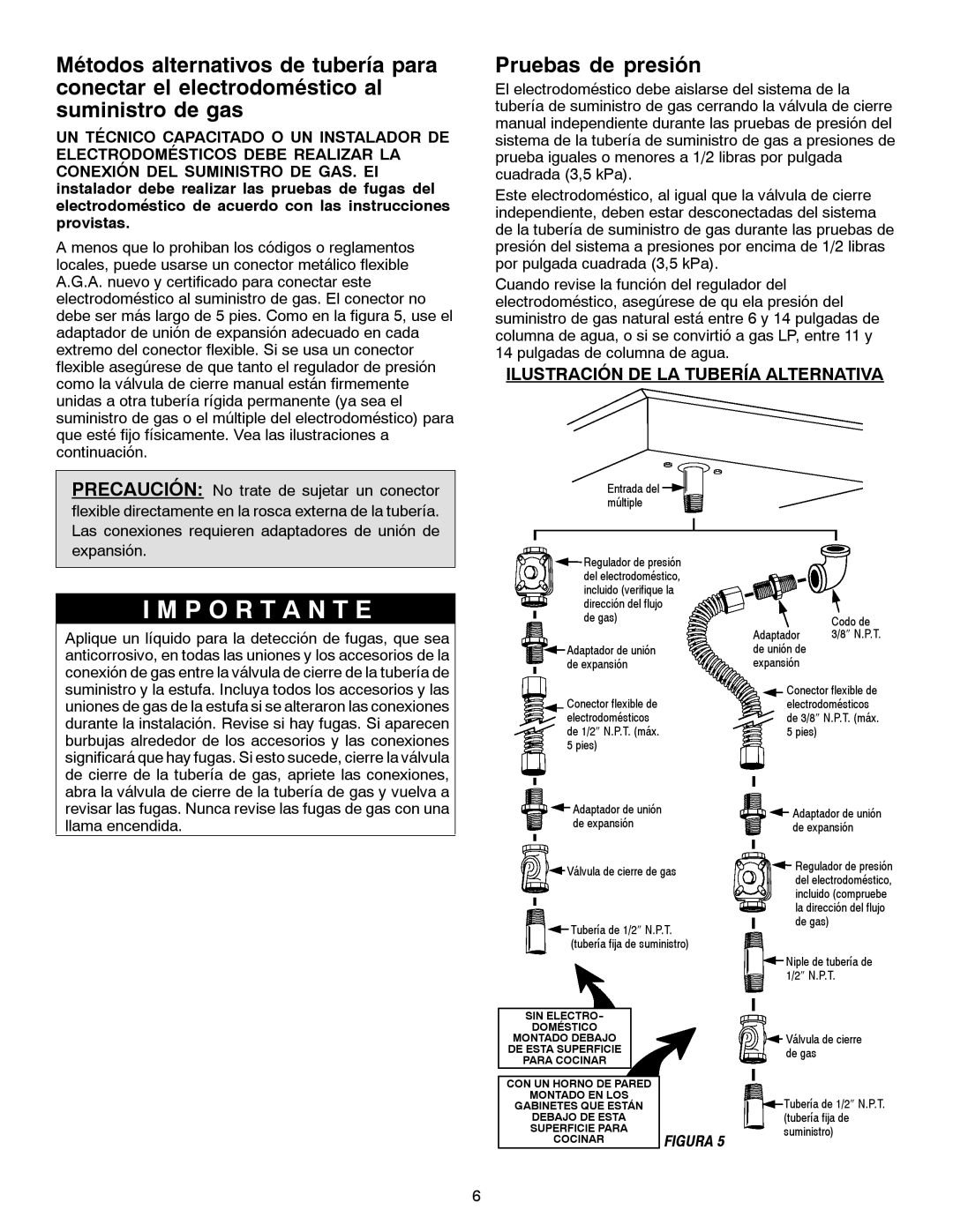 Jenn-Air JGC1430 & JGC1536 installation manual Pruebas de presión, Ilustración DE LA Tubería Alternativa 