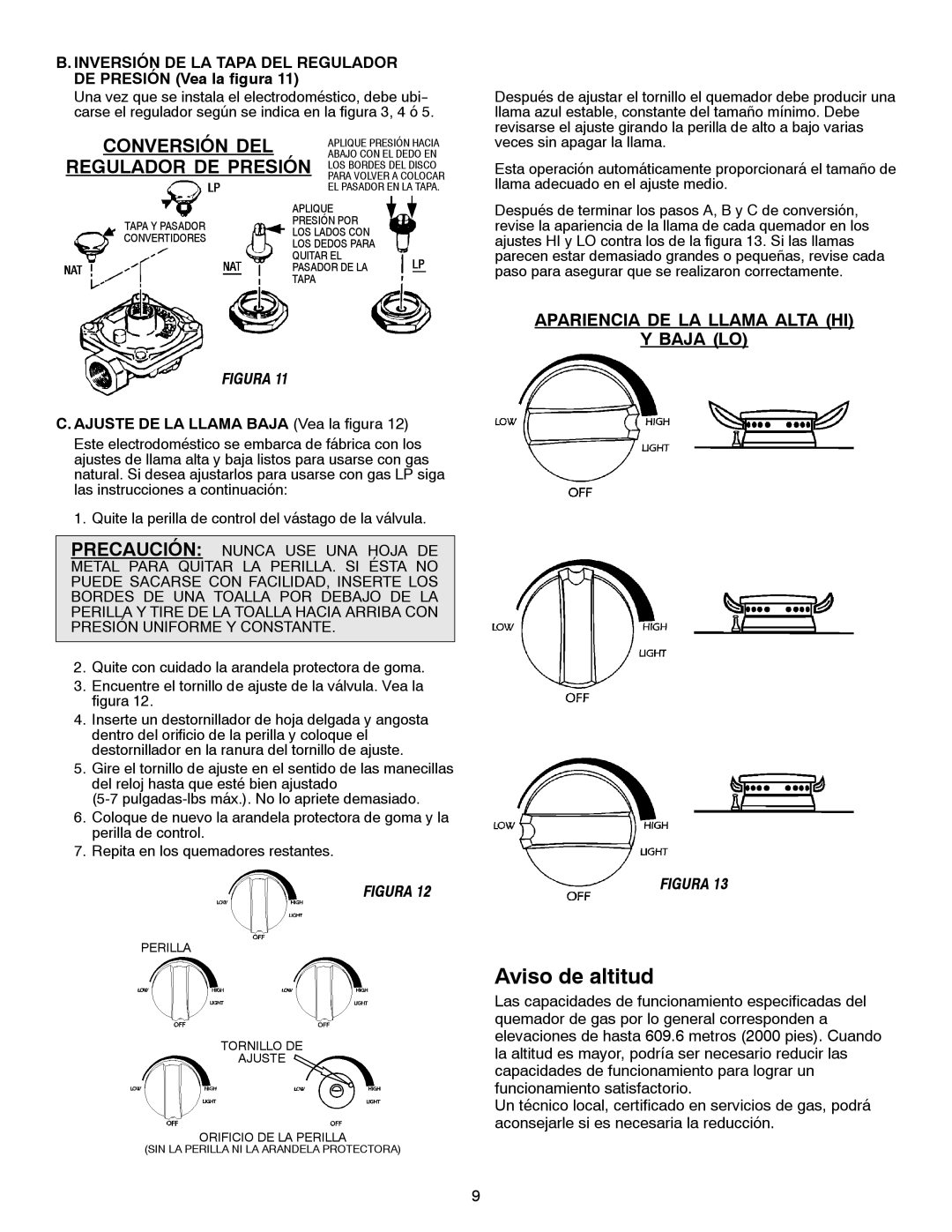 Jenn-Air JGC1430 & JGC1536 Aviso de altitud, Conversión DEL, Regulador DE Presión, Ajuste DE LA Llama Baja Vea la figura 