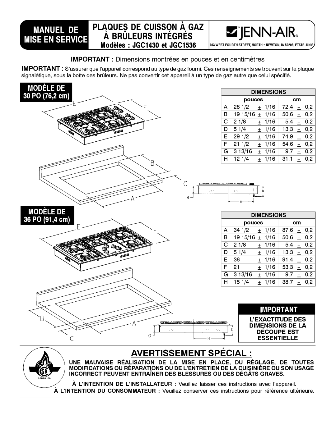 Jenn-Air JGC1430 & JGC1536 installation manual Manuel DE, Pouces 