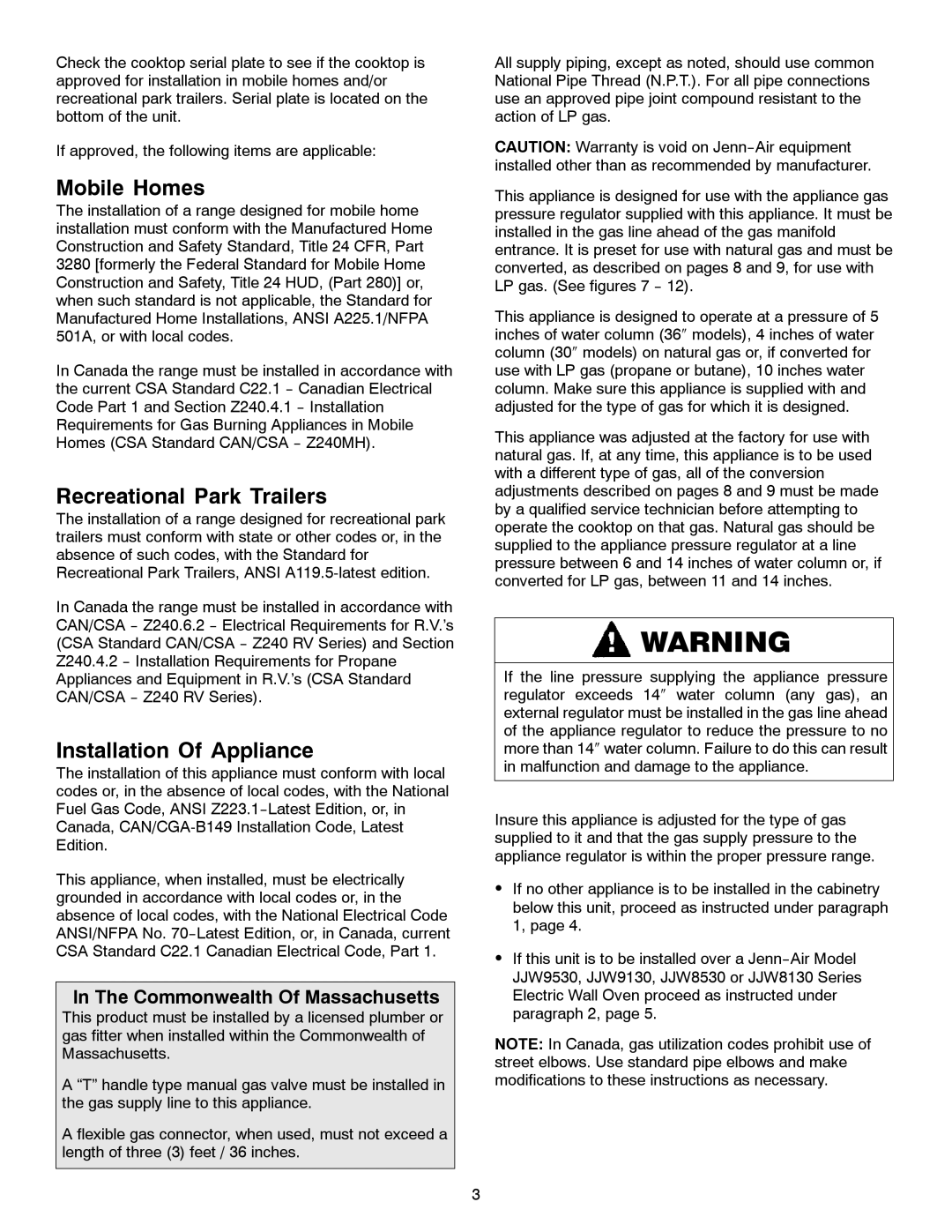 Jenn-Air JGC1430 & JGC1536 installation manual Mobile Homes, Recreational Park Trailers, Installation Of Appliance 