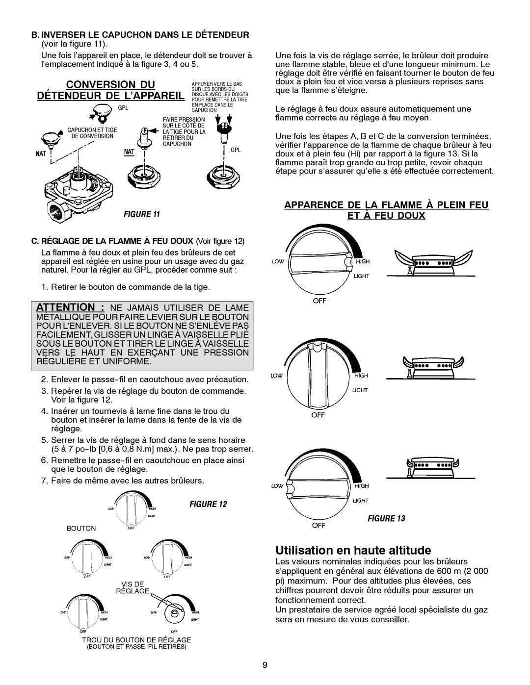 Jenn-Air JGC1430 & JGC1536 installation manual Utilisation en haute altitude, Conversion DU, Détendeur DE L’APPAREIL 