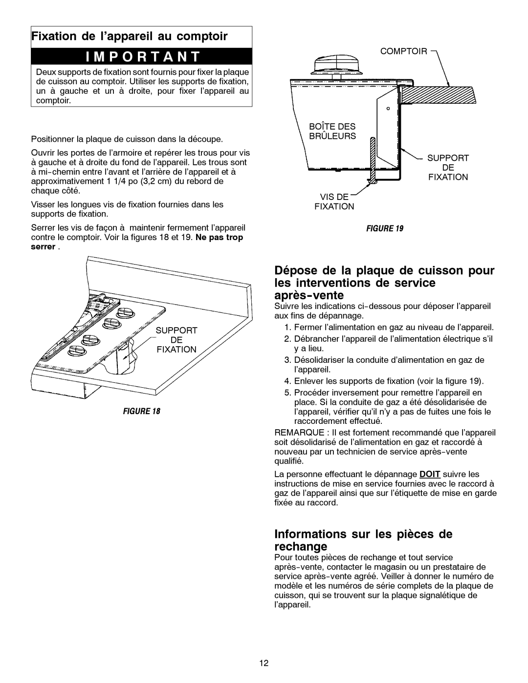 Jenn-Air JGC1430 & JGC1536 installation manual Fixation de l’appareil au comptoir, Informations sur les pièces de rechange 