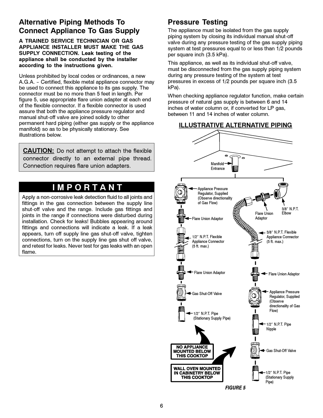 Jenn-Air JGC1430 & JGC1536 installation manual Pressure Testing, Illustrative Alternative Piping 