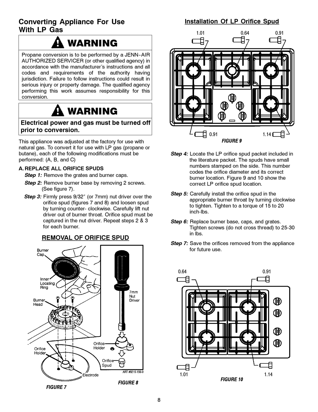 Jenn-Air JGC1430 & JGC1536 Converting Appliance For Use With LP Gas, Removal of Orifice Spud, Replace ALL Orifice Spuds 