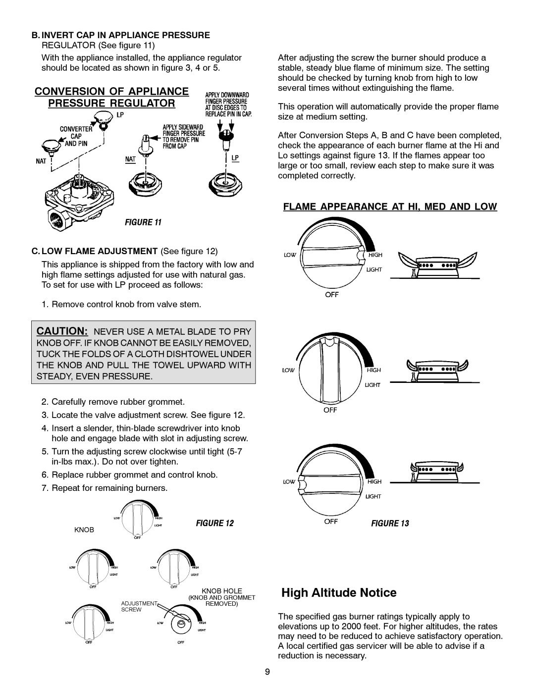 Jenn-Air JGC1430 & JGC1536 installation manual High Altitude Notice, Conversion of Appliance Pressure Regulator 