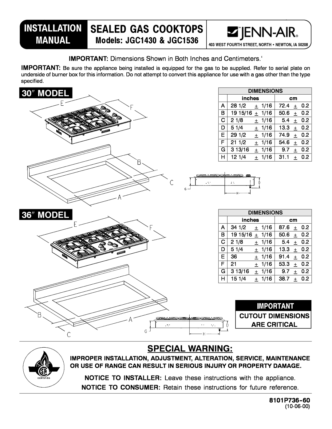 Jenn-Air installation manual Manual, 30″ MODEL, 36″ MODEL, Special Warning, Models JGC1430 & JGC1536, 8101P736-60 
