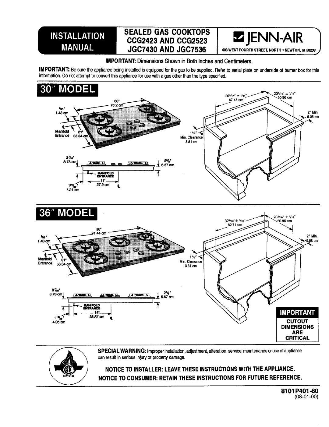 Jenn-Air installation manual JGC7430AND JGC7536 40 3W EST, CCG2423AND CCG2523, Importan 