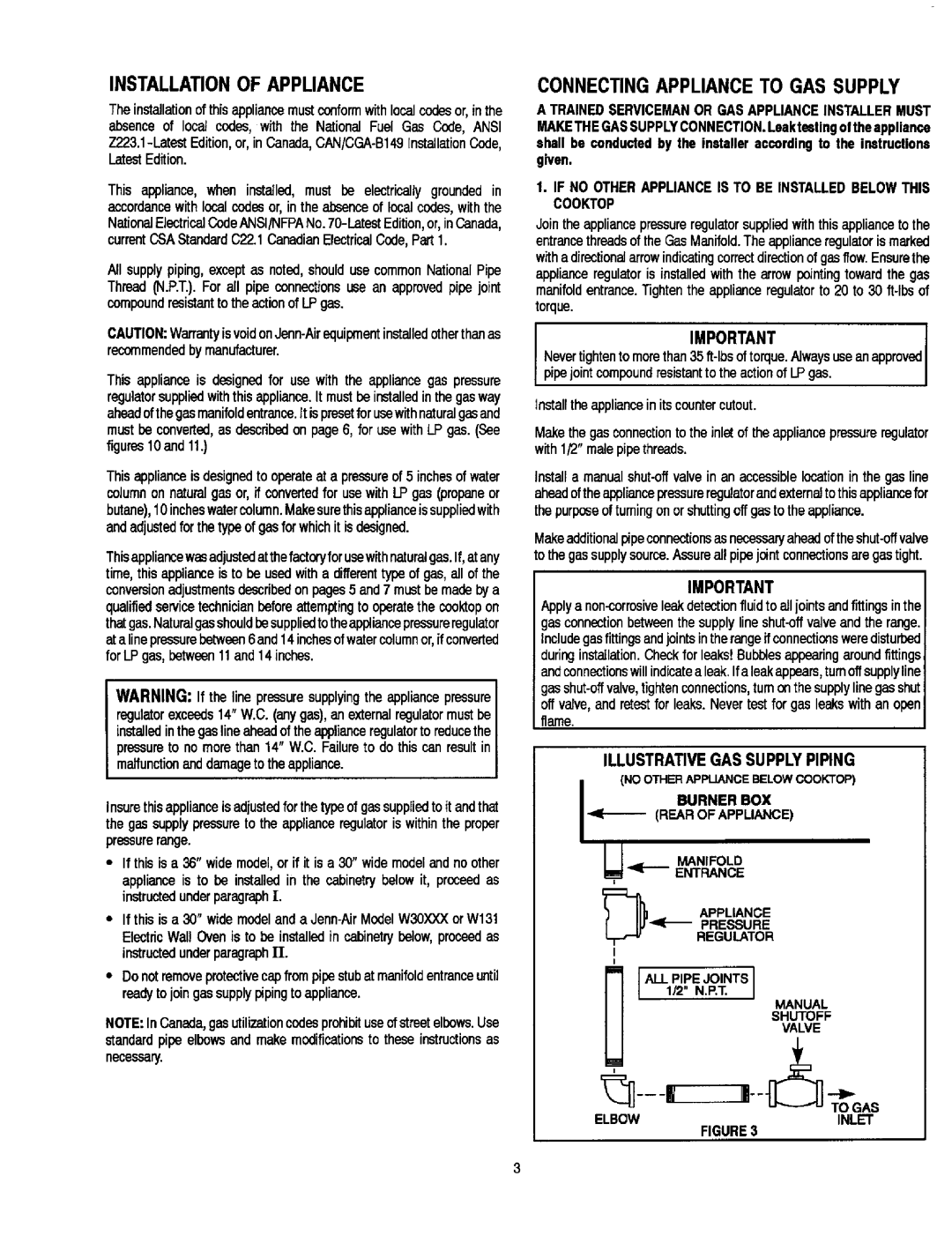 Jenn-Air CCG2423, JGC7430, JGC7536, CCG2523 installation manual Installatioofapplian NCE, Connectinappliancetogassupplyg 