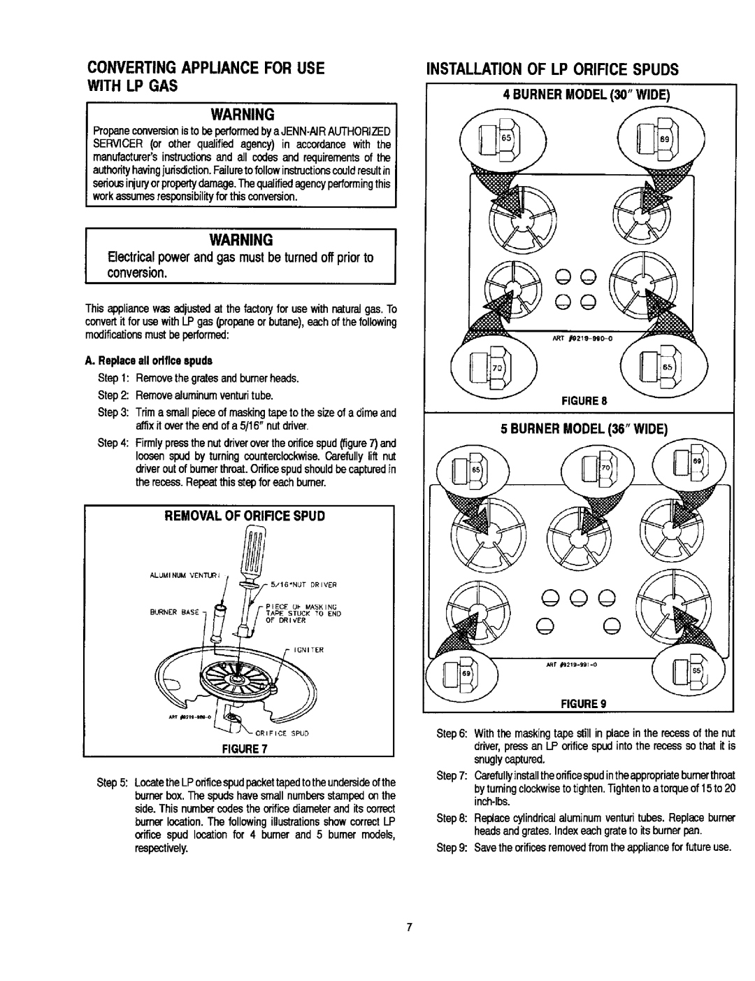 Jenn-Air CCG2423 Convertingapplianceforuseinstallationoflporificespuds, Removal of Orirce Spud, Burner Model 36WIDE 