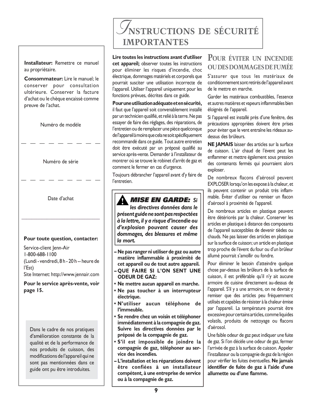 Jenn-Air JGC8430 Instructions DE Sécurité Importantes, Pour toute question, contacter, Pour le service après-vente, voir 