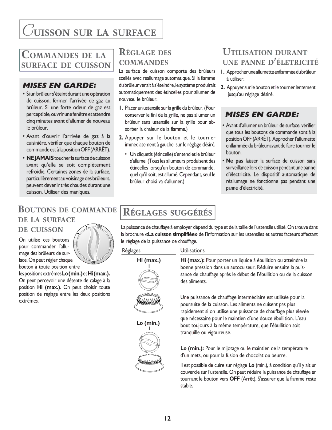 Jenn-Air JGC8645, JGC8430 Cuisson SUR LA Surface, Commandes DE LA Surface DE Cuisson, Réglages Suggérés 