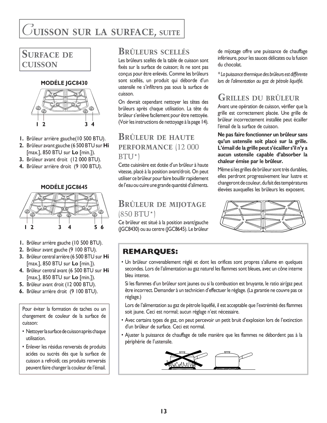 Jenn-Air JGC8430, JGC8645 important safety instructions Cuisson SUR LA SURFACE, Suite, Surface DE Cuisson 