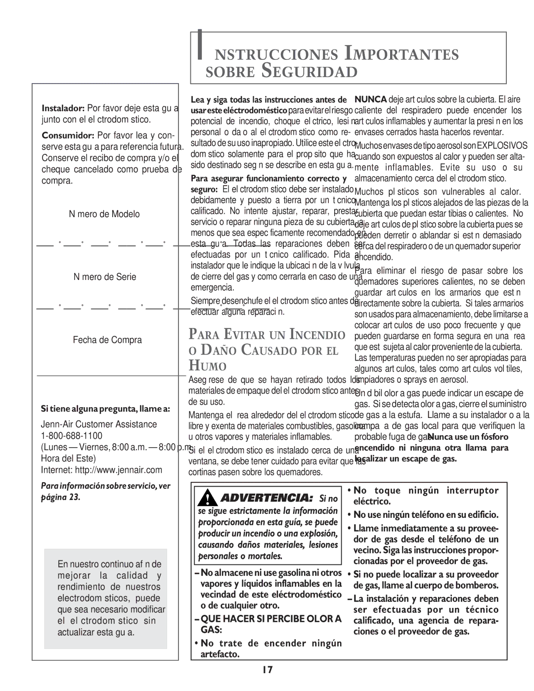 Jenn-Air JGC8430, JGC8645 Instrucciones Importantes Sobre Seguridad, Para Evitar UN Incendio, Daño Causado POR EL, Humo 