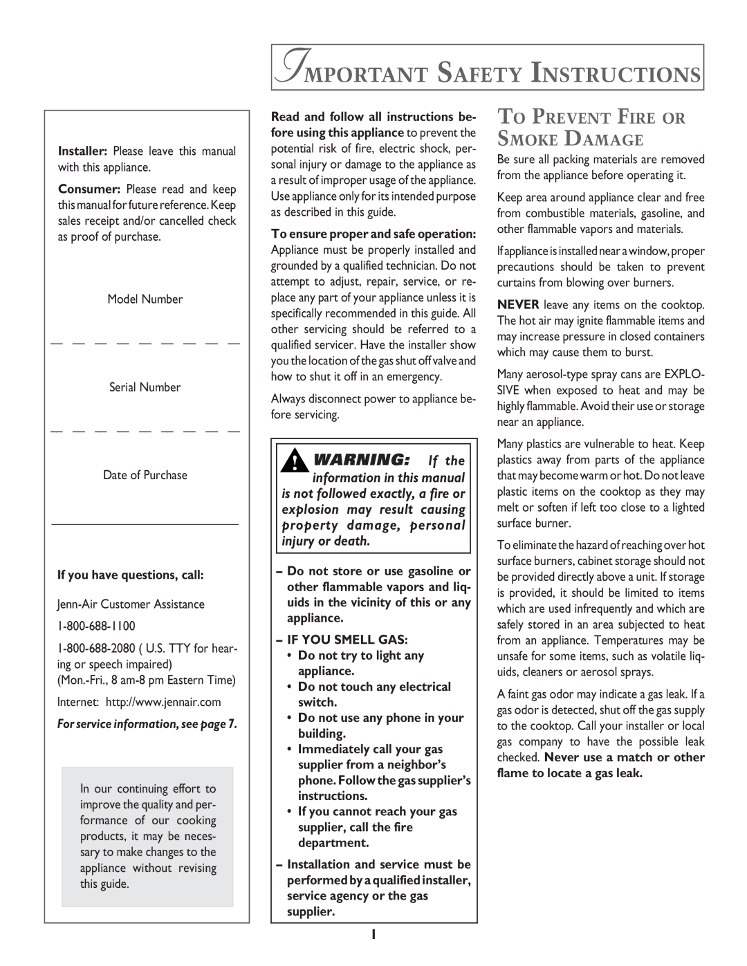 Jenn-Air JGC8430, JGC8645 Important Safety Instructions, To Prevent Fire or Smoke Damage, If you have questions, call 