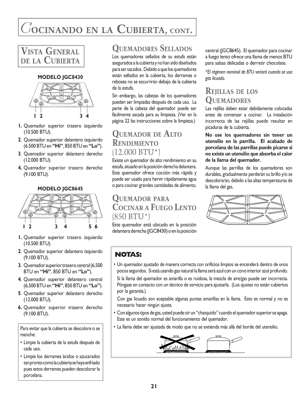 Jenn-Air JGC8430, JGC8645 important safety instructions Cocinando EN LA CUBIERTA, Vista General DE LA Cubierta 