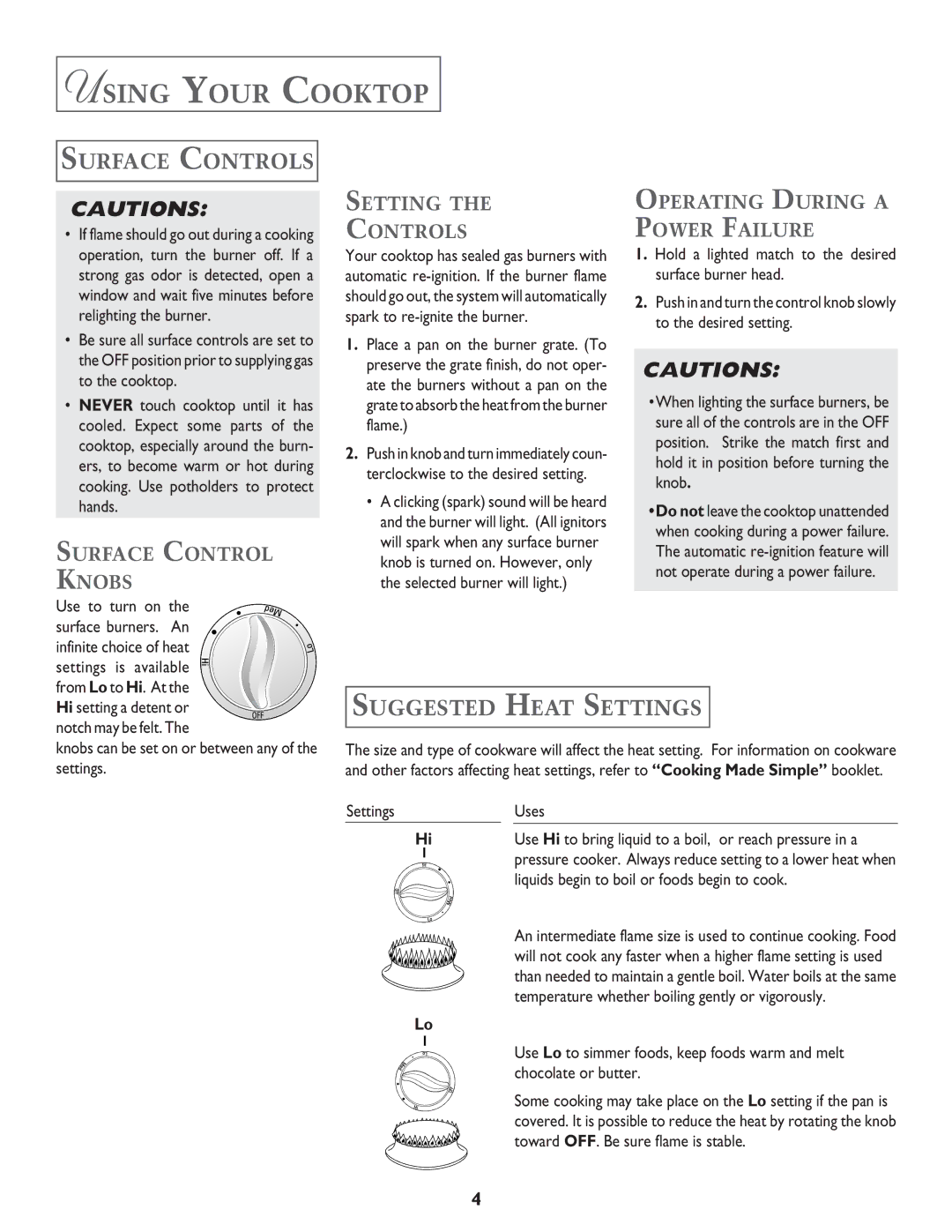 Jenn-Air JGC8645, JGC8430 important safety instructions Using Your Cooktop, Surface Controls, Suggested Heat Settings 