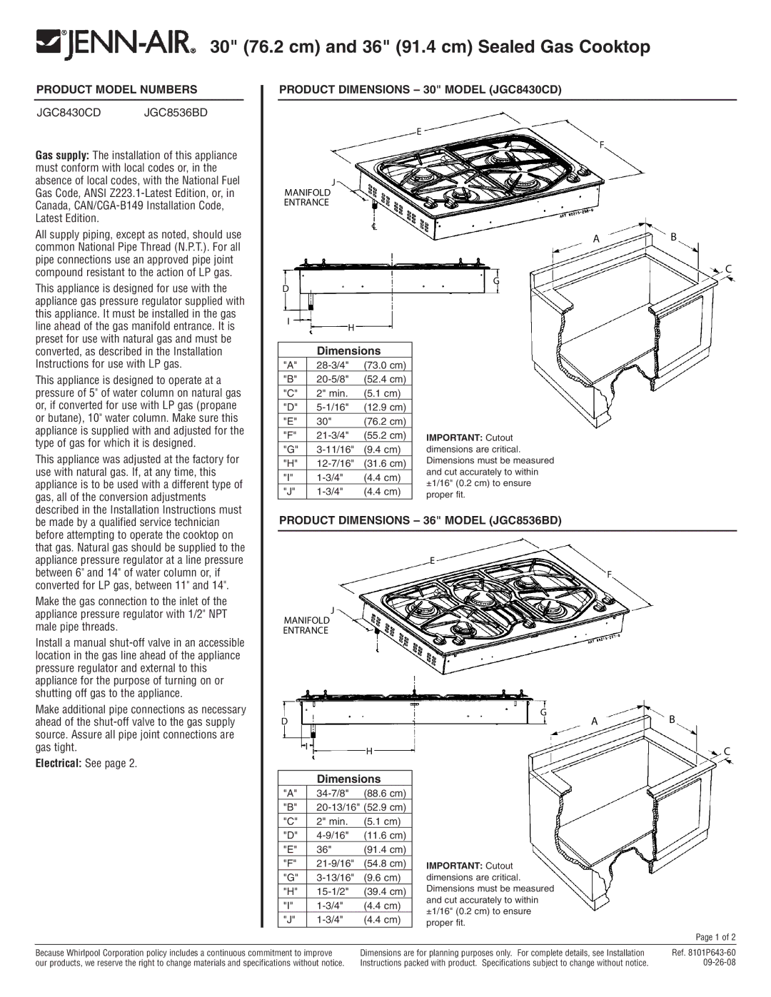 Jenn-Air JGC8536BD, JGC8430CD specifications 30 76.2 cm and 36 91.4 cm Sealed Gas Cooktop, Product Model Numbers 