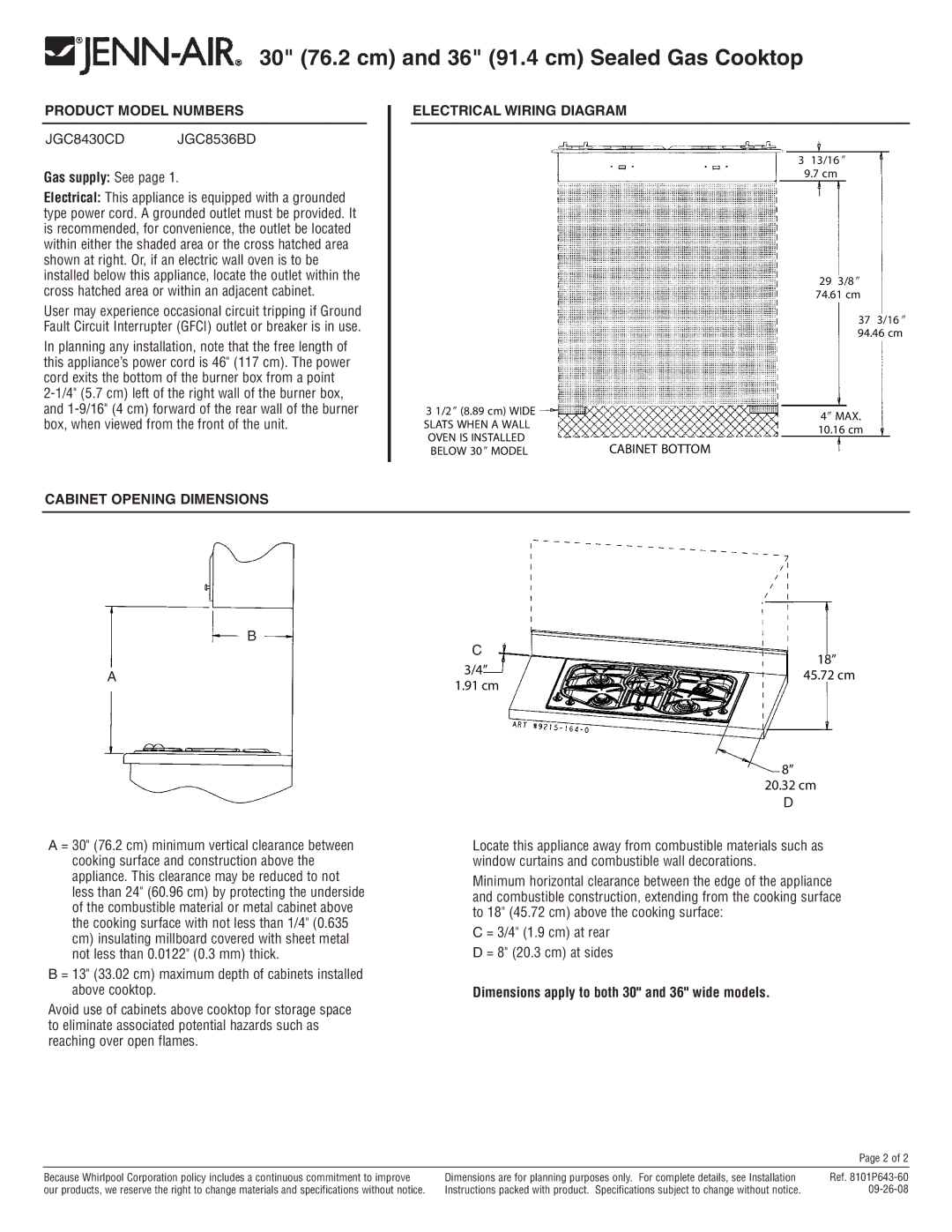 Jenn-Air JGC8430CD, JGC8536BD Gas supply See, Cabinet Opening Dimensions Electrical Wiring Diagram, Cabinet Bottom 