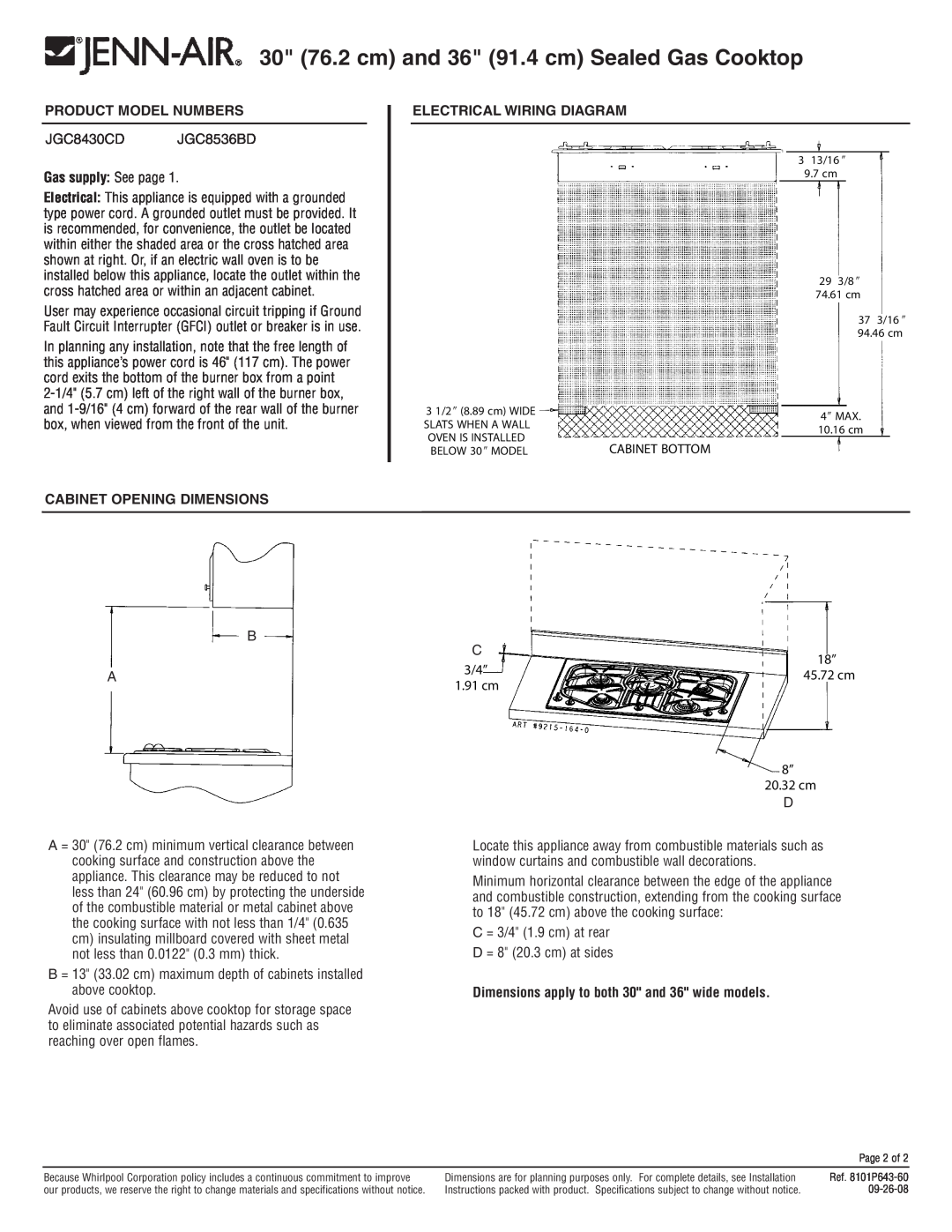 Jenn-Air JGC8430CD Gas supply See page, Cabinet Opening Dimensions, Electrical Wiring Diagram, Product Model Numbers 