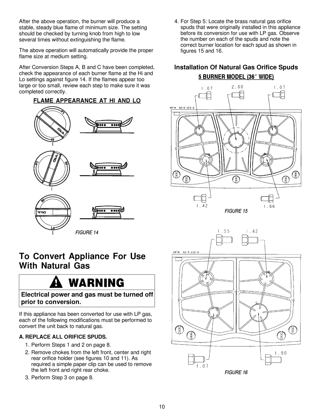 Jenn-Air JGC9430, JGC9536 installation manual To Convert Appliance For Use With Natural Gas, Flame Appearance AT HI and LO 