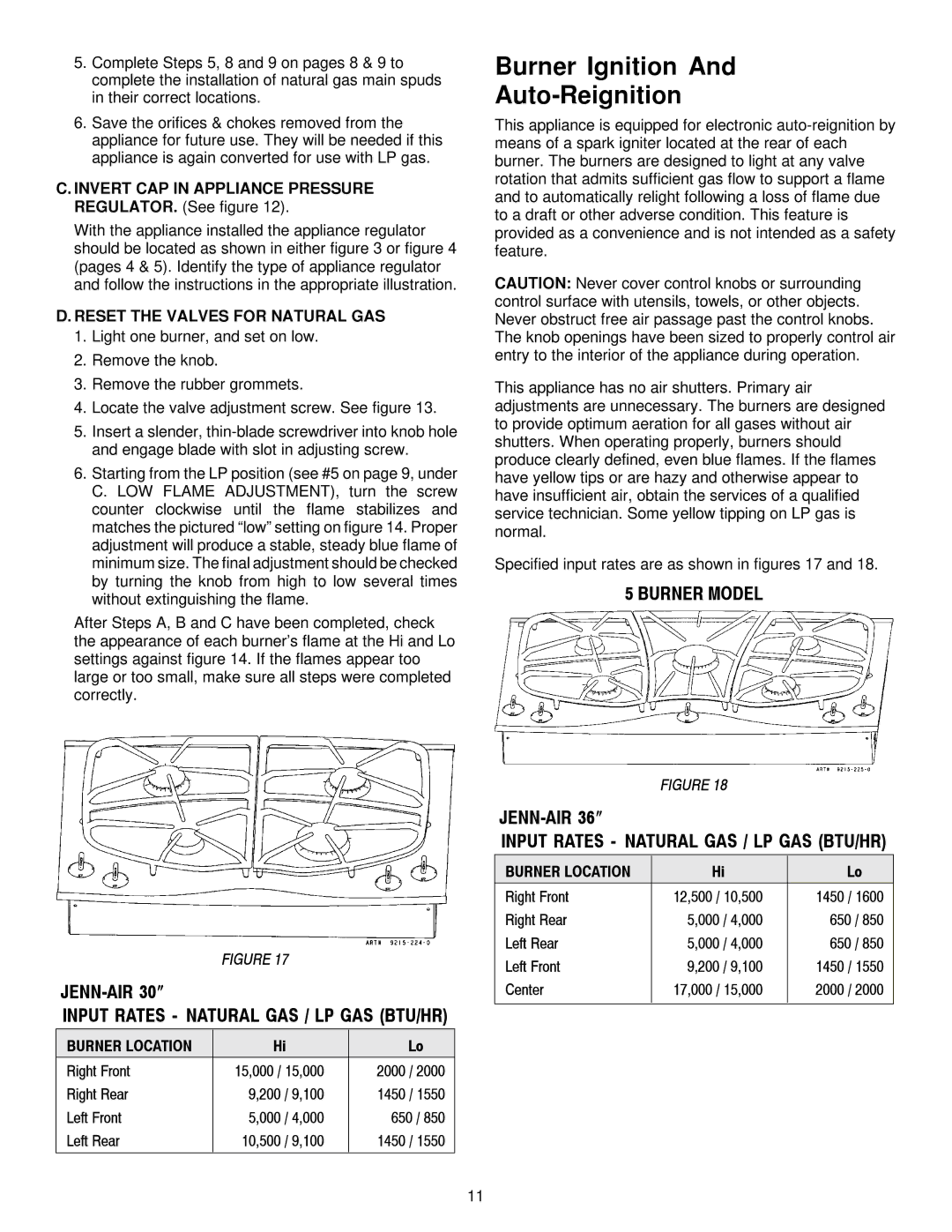 Jenn-Air JGC9536, JGC9430 installation manual Burner Ignition Auto-Reignition, Reset the Valves for Natural GAS 