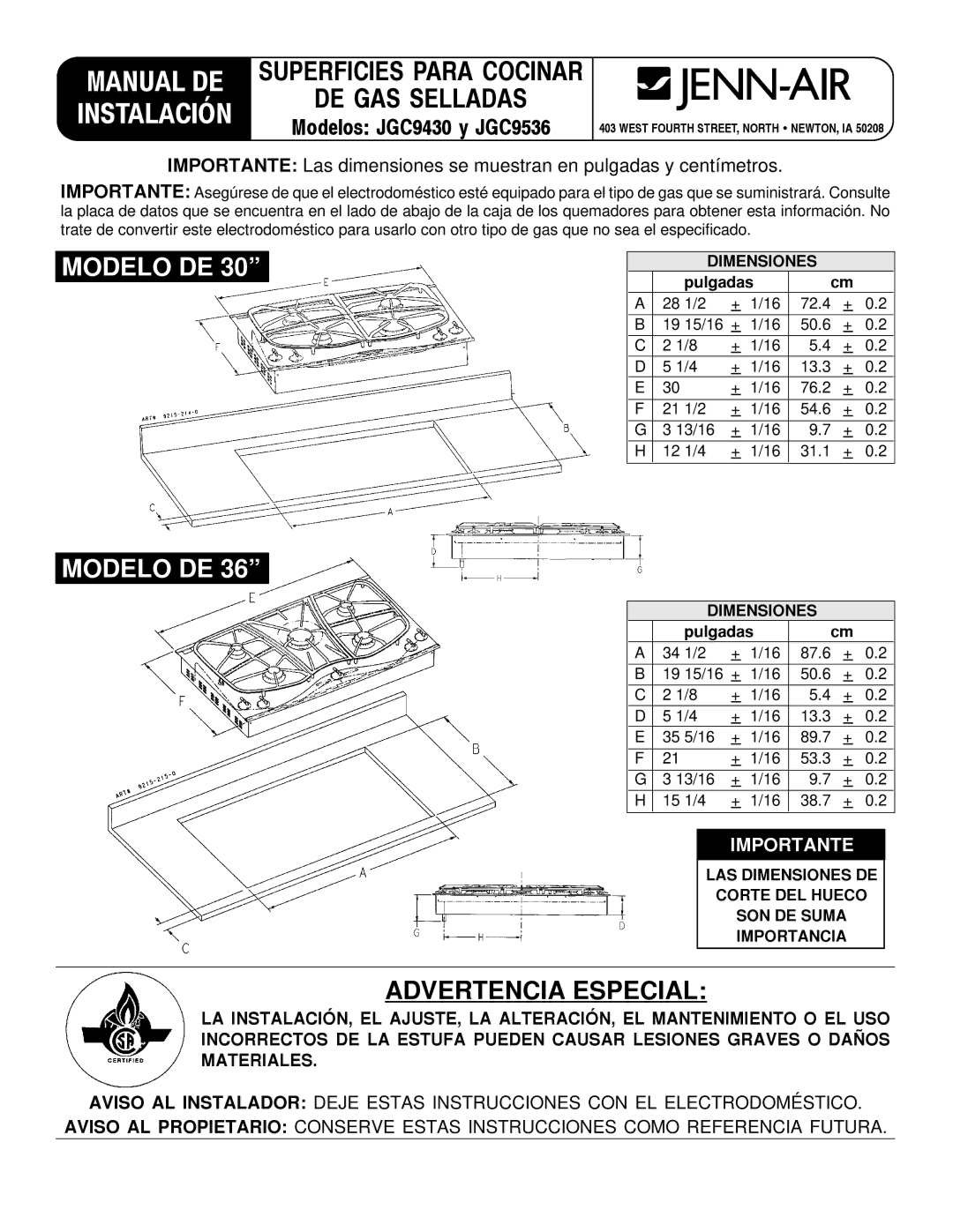 Jenn-Air JGC9430, JGC9536 installation manual LAS Dimensiones DE Corte DEL Hueco SON DE Suma Importancia 