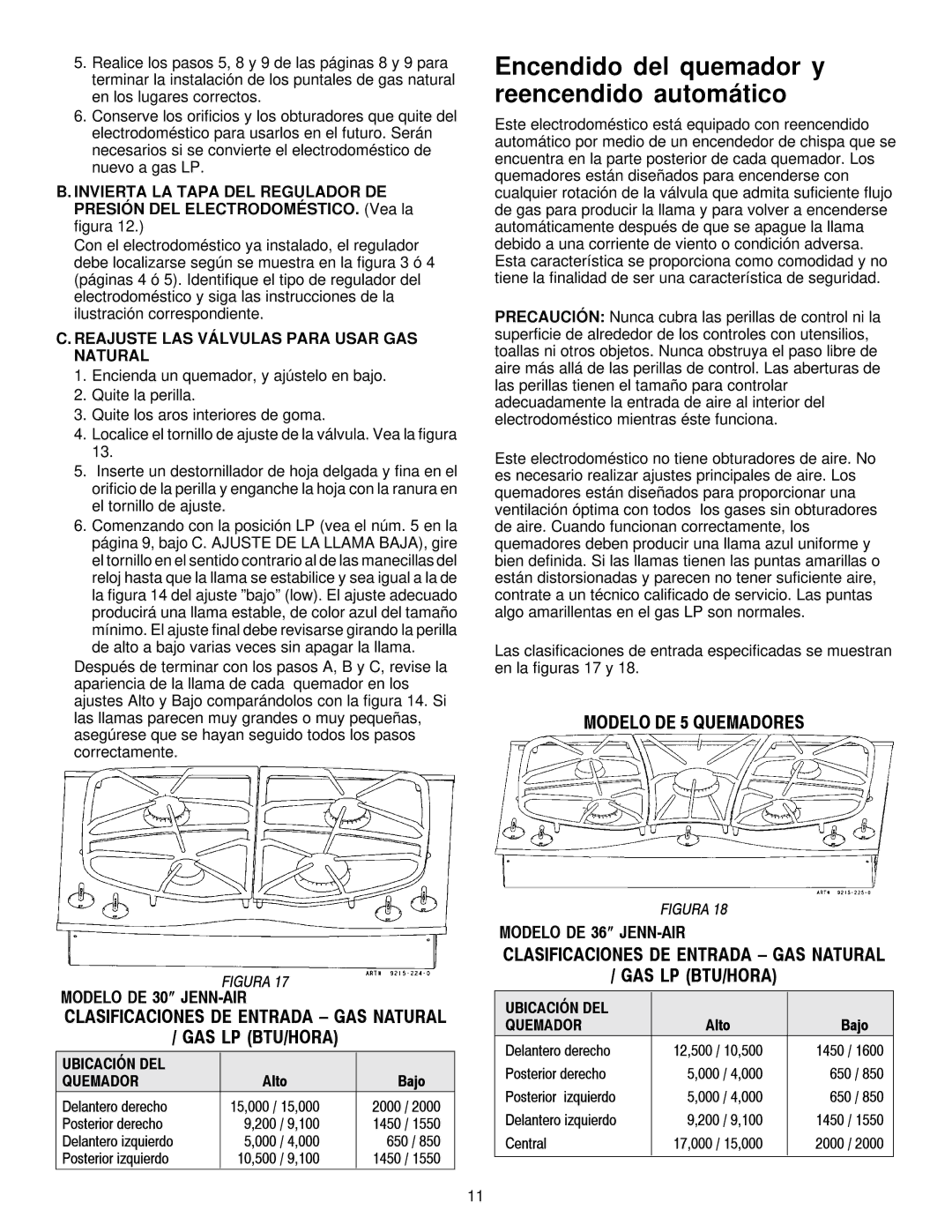 Jenn-Air JGC9430, JGC9536 Encendido del quemador y reencendido automático, Reajuste LAS Válvulas Para Usar GAS Natural 