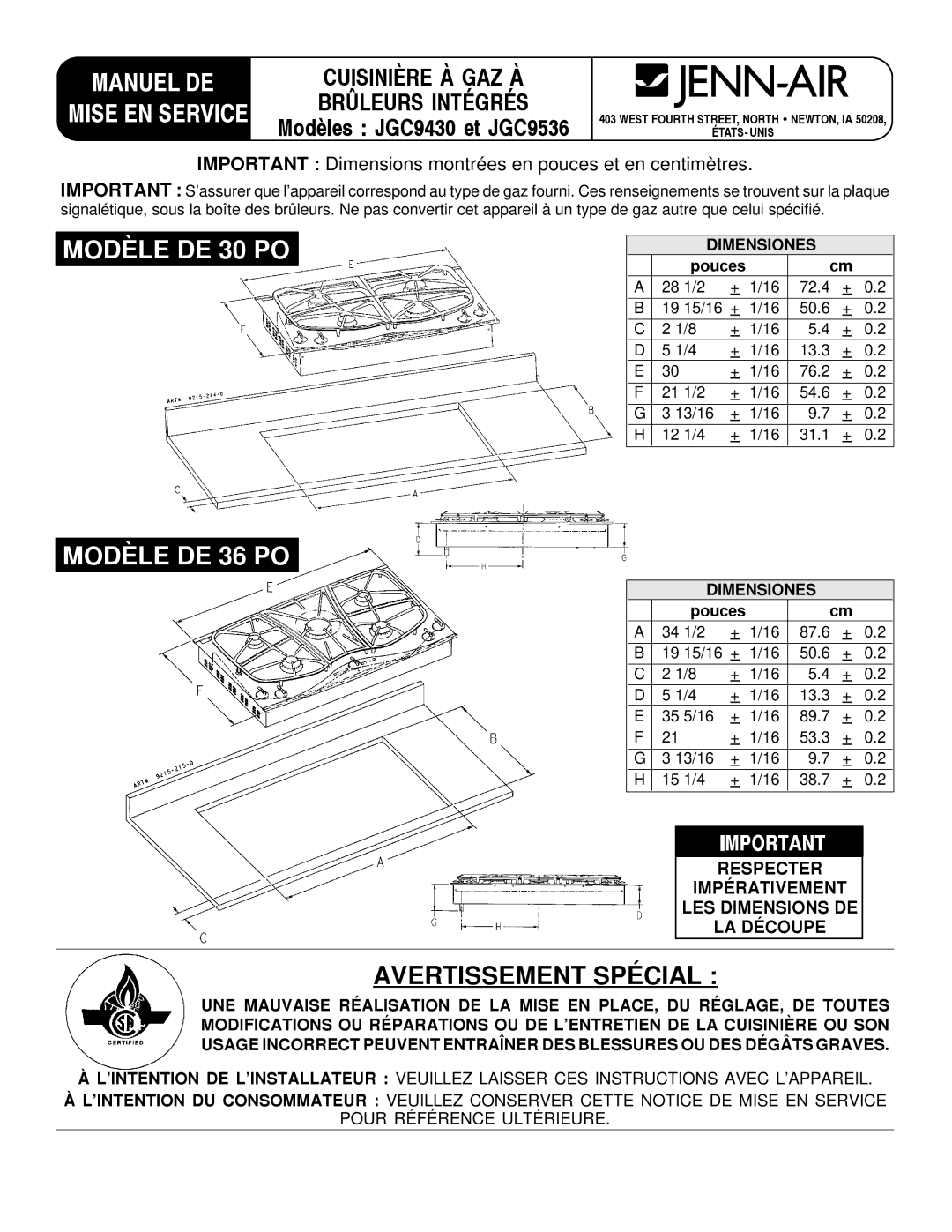 Jenn-Air JGC9536, JGC9430 Manuel DE Mise EN Service, Respecter Impérativement LES Dimensions DE LA Découpe 